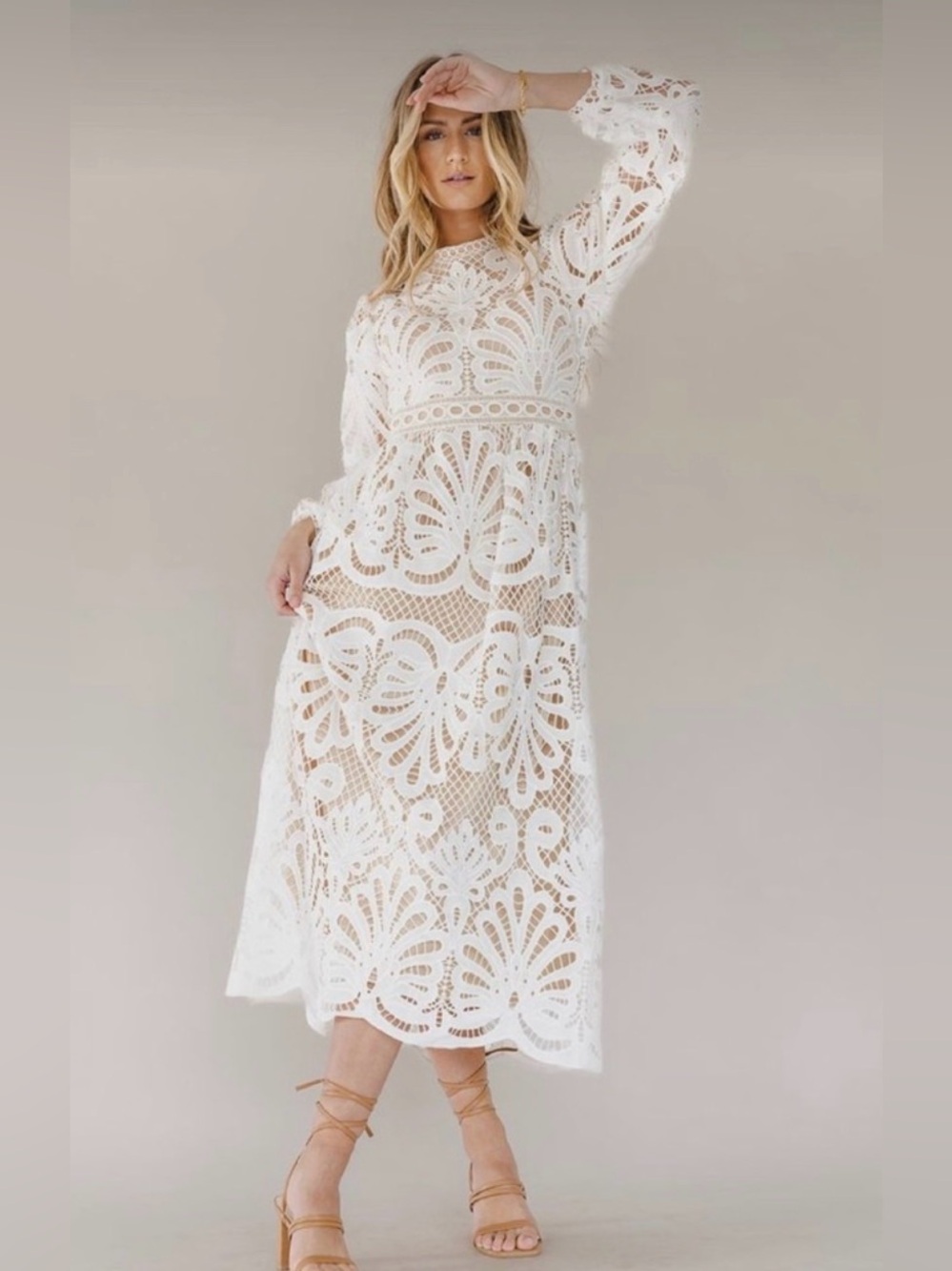 Polagram White Crochet Lace Midi Dress